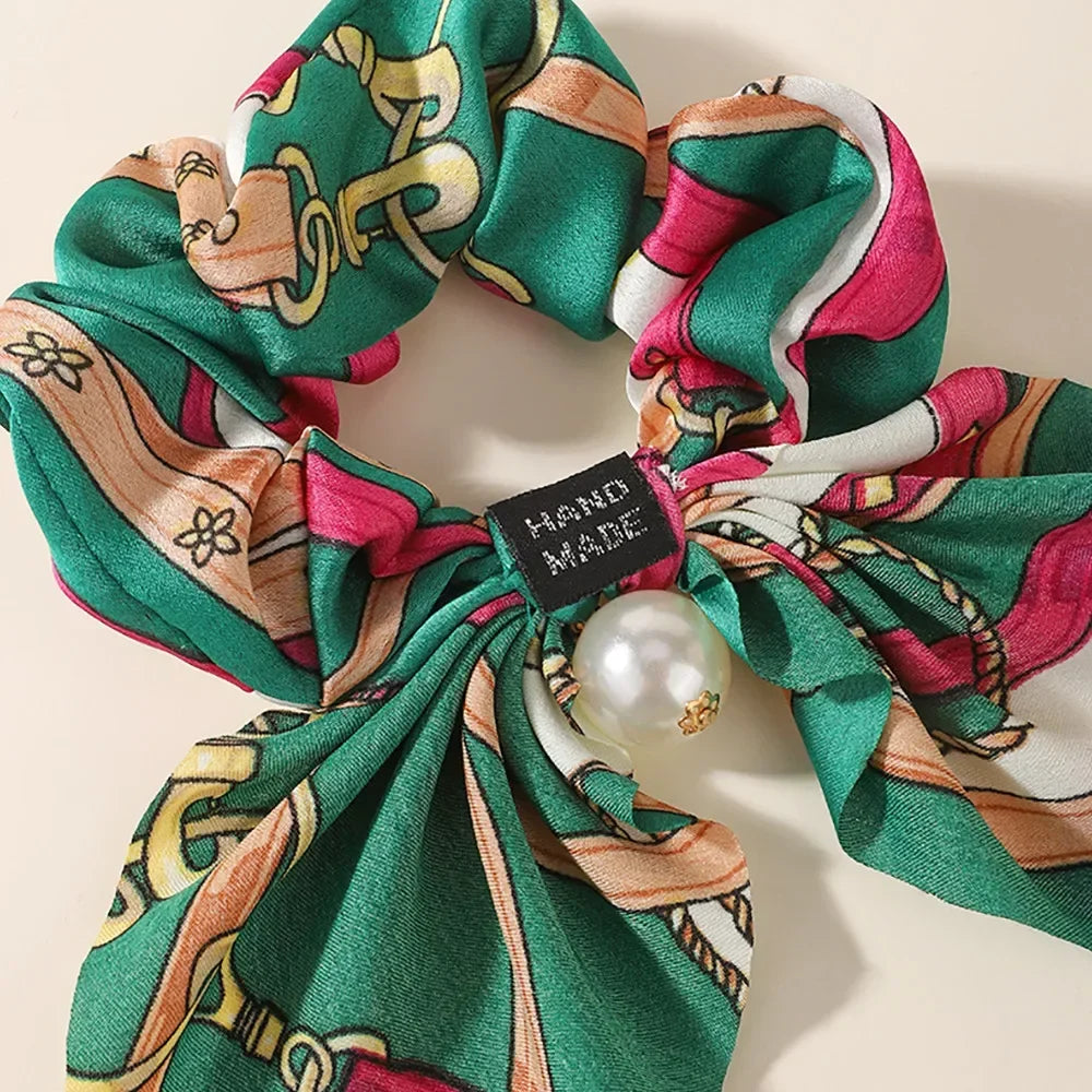 4Pcs/set Chiffon Printed Bowknot Elastic Hair Bands for Women Girls Pearl Scrunchies Headband Hair Ties Ponytail Holder