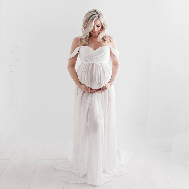 Maternity Lace Dress Sexy Gown Off Shoulder Long Pregnancy Dress Photo Shooting Women Fancy Clothing Slit Dress for Photoshoot