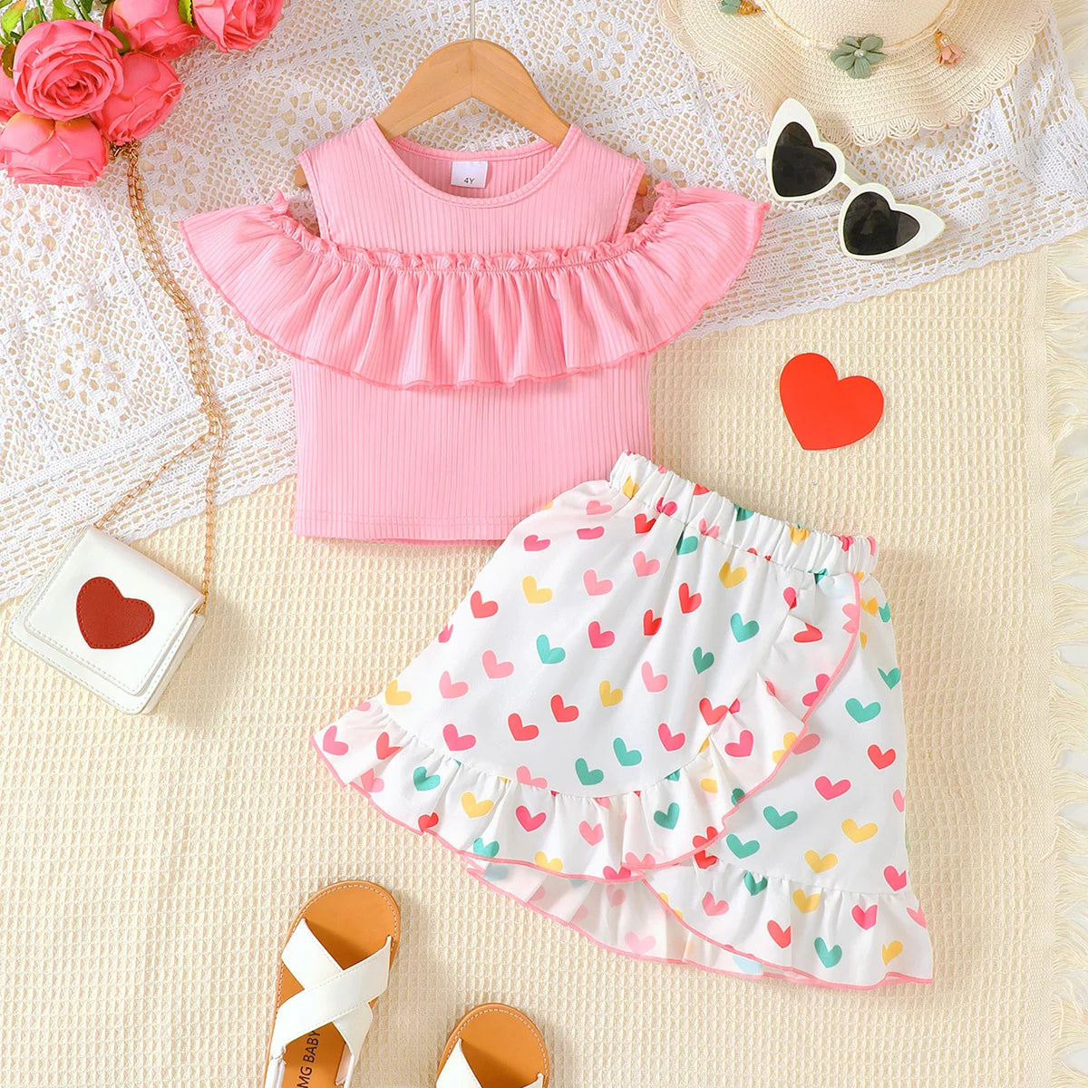 Children's girls'Set Ruffled off Shoulder Top+Irregular Skirt Two-piece set for 4-7 year old girls' Summer Party Fashion Set