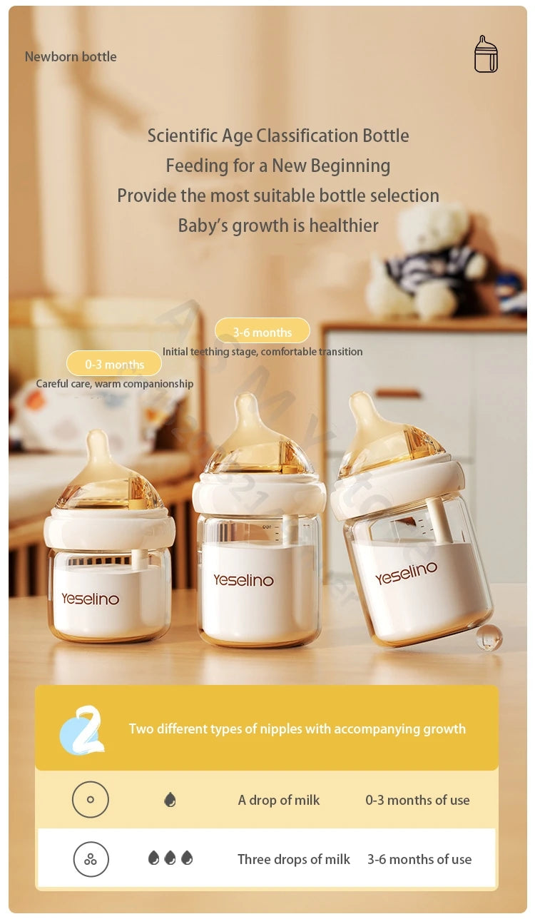 Yeselino 6th Gen glass anti-colic newborn bottle for babies 0-6 months.