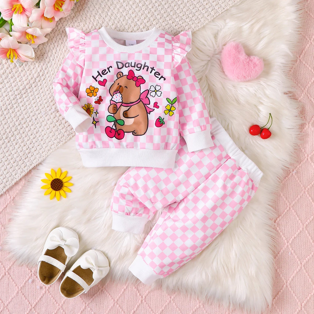 Baby Girl Casual Set Cute Capybara Printed Pink Checkered Long Sleeve Pants 2 Pieces/set Suitable for Cute Baby Girls 0-3 Years