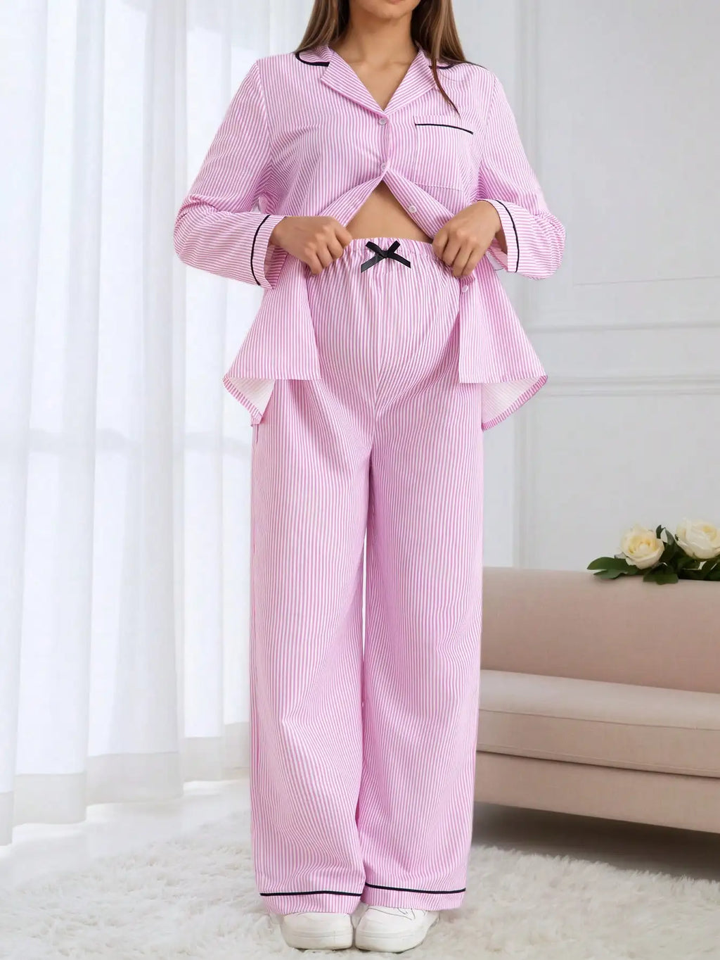 Women's Lounge Pajamas Pink Striped Long Sleeve Button Down Top and Drawstring Pants Two Piece Set for Cozy Home Lounging