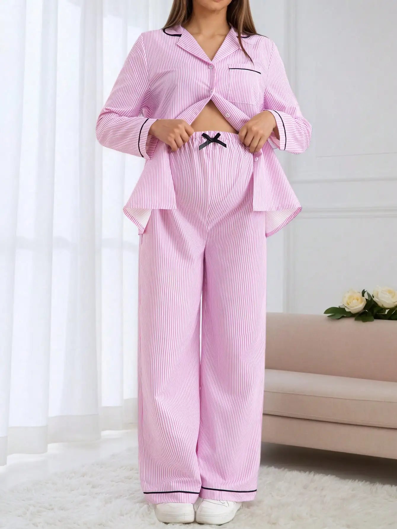 Women's Lounge Pajamas Pink Striped Long Sleeve Button Down Top and Drawstring Pants Two Piece Set for Cozy Home Lounging