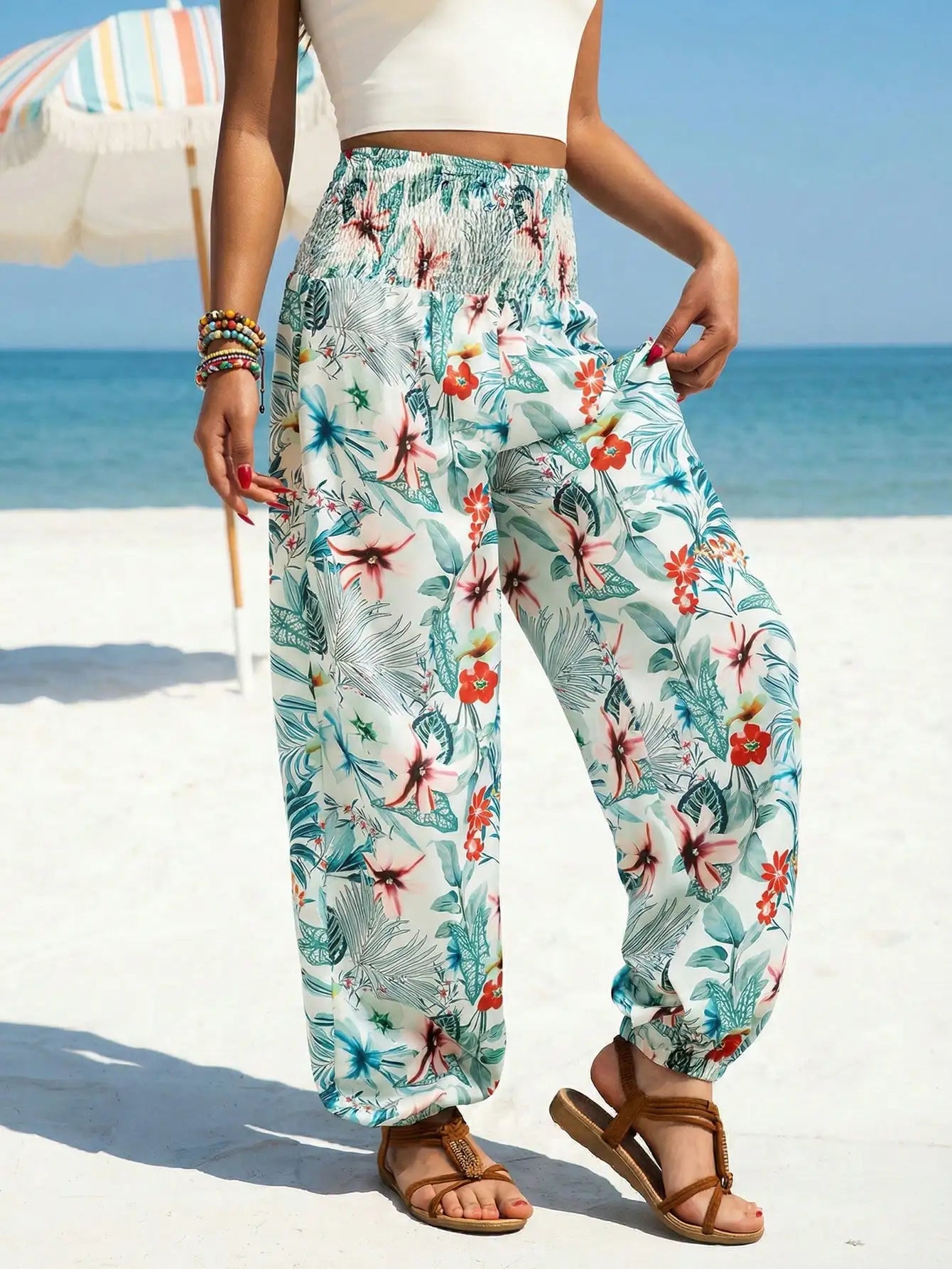 Women's Smocked High Waist Wide Leg Loose Drawstring Floral Tropical Summer Dress Capris for Casual Beach and Business Wear