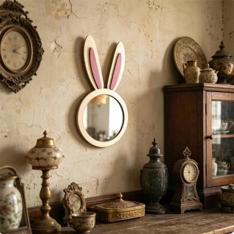 Ins Nordic Style Wooden Rabbit Silver Mirror Decoration, Rabbit Ear Decorative Mirror, Fun Rabbit Mirror for Home Room Walls, Perfect Practical Gift for Bedroom and Hallway for Holidays.