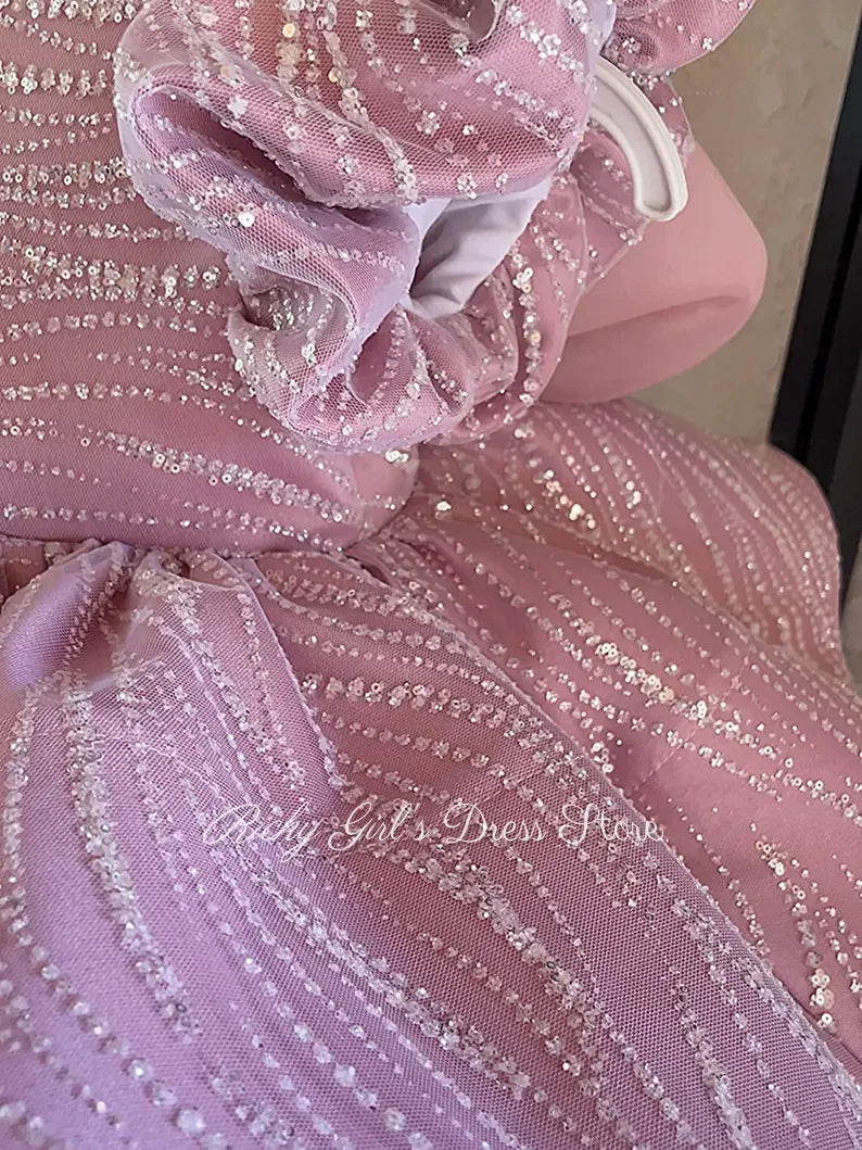 Blush Pink Flower Girl Dress For Wedding Special Occasion Glitter Sequin First Birthday Dress With Puff Sleeve Birthday Party