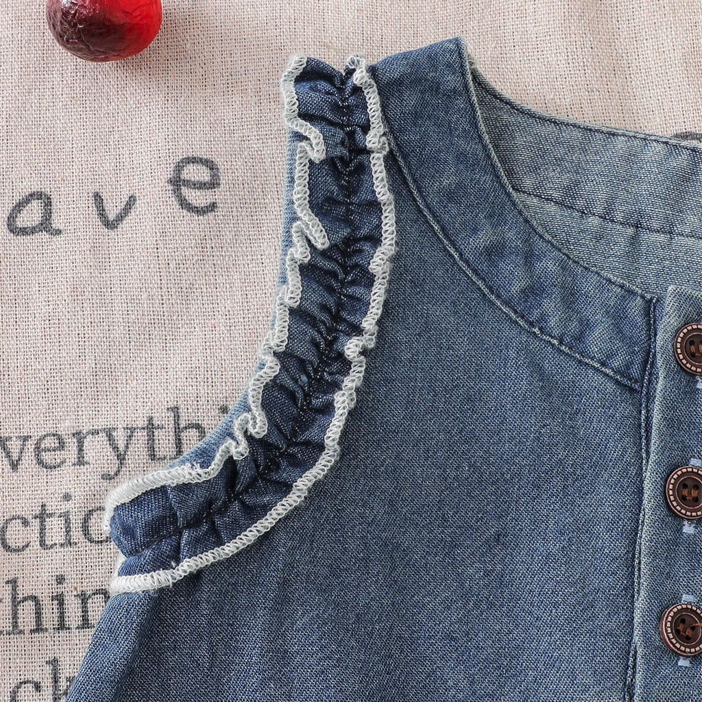 Toddler Baby Girl Sleeveless Denim Dress Lace Ruffle Trim Button Front Summer Kids Casual Jean A-line Dress
