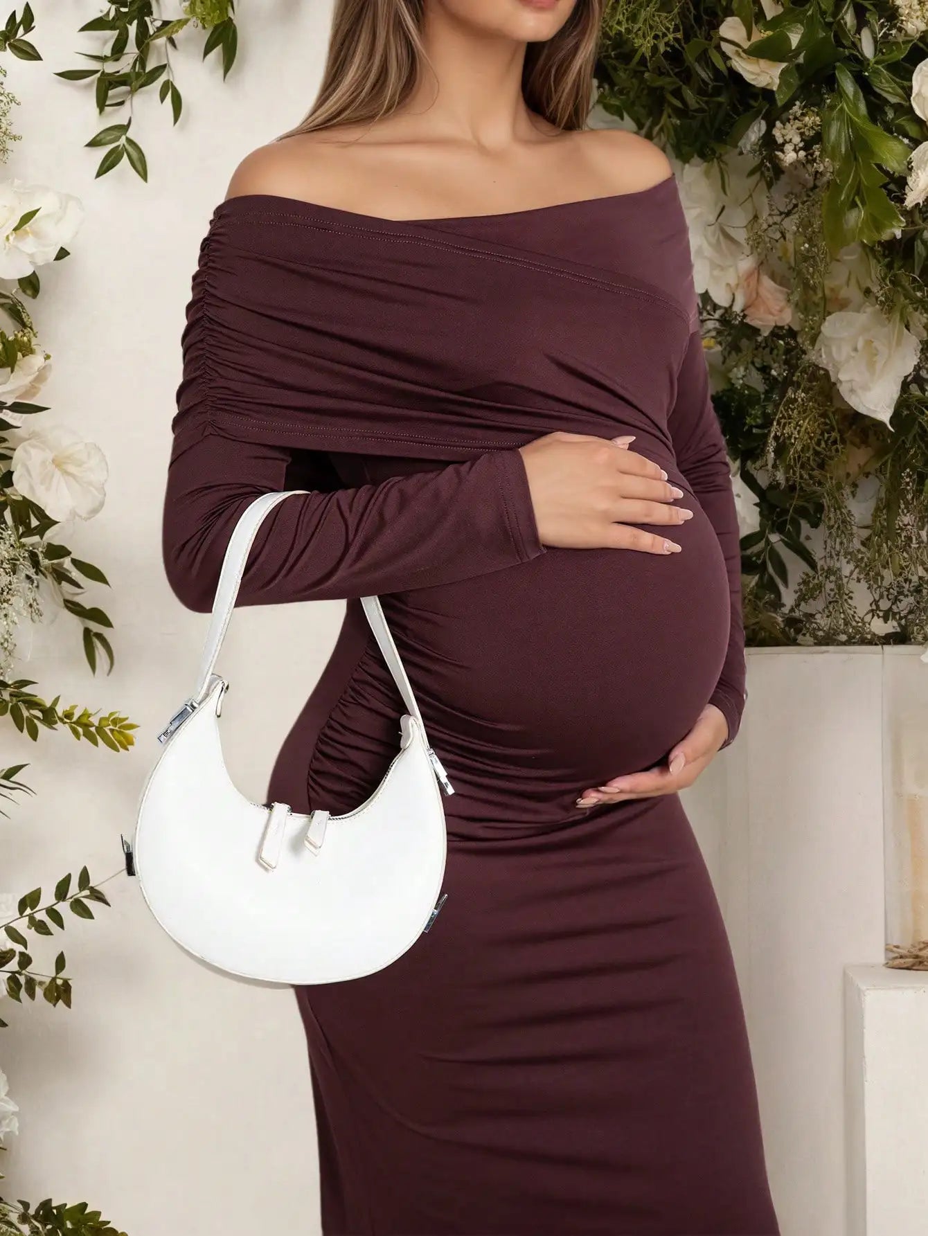 Pregnant Women Maternity Dresses Off Shoulder Long Sleeve Ruched Maxi Dress with Side Slit for Baby Shower, Photoshoot