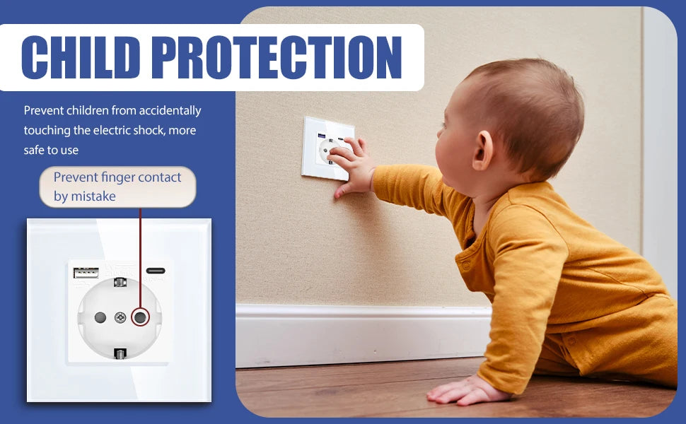 BSEED EU Standard Wall Electrical Sockets Type-C Outlets Wall Power Socket USB Charge Port Glass Panel Kids Protection 16A