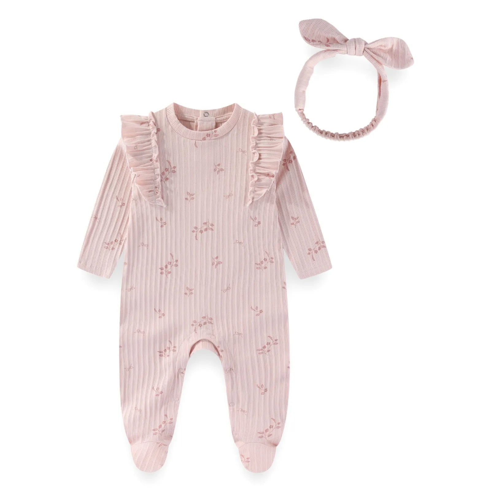 Adorable Full Print Romper Suit For Girls 0 To 12 Months Long Sleeve Footed Bodysuit