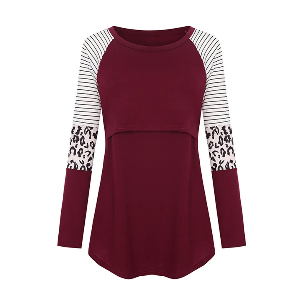 Women Maternity Long Sleeve Nursing Patchwork Color Tops Breastfeeding Blouse