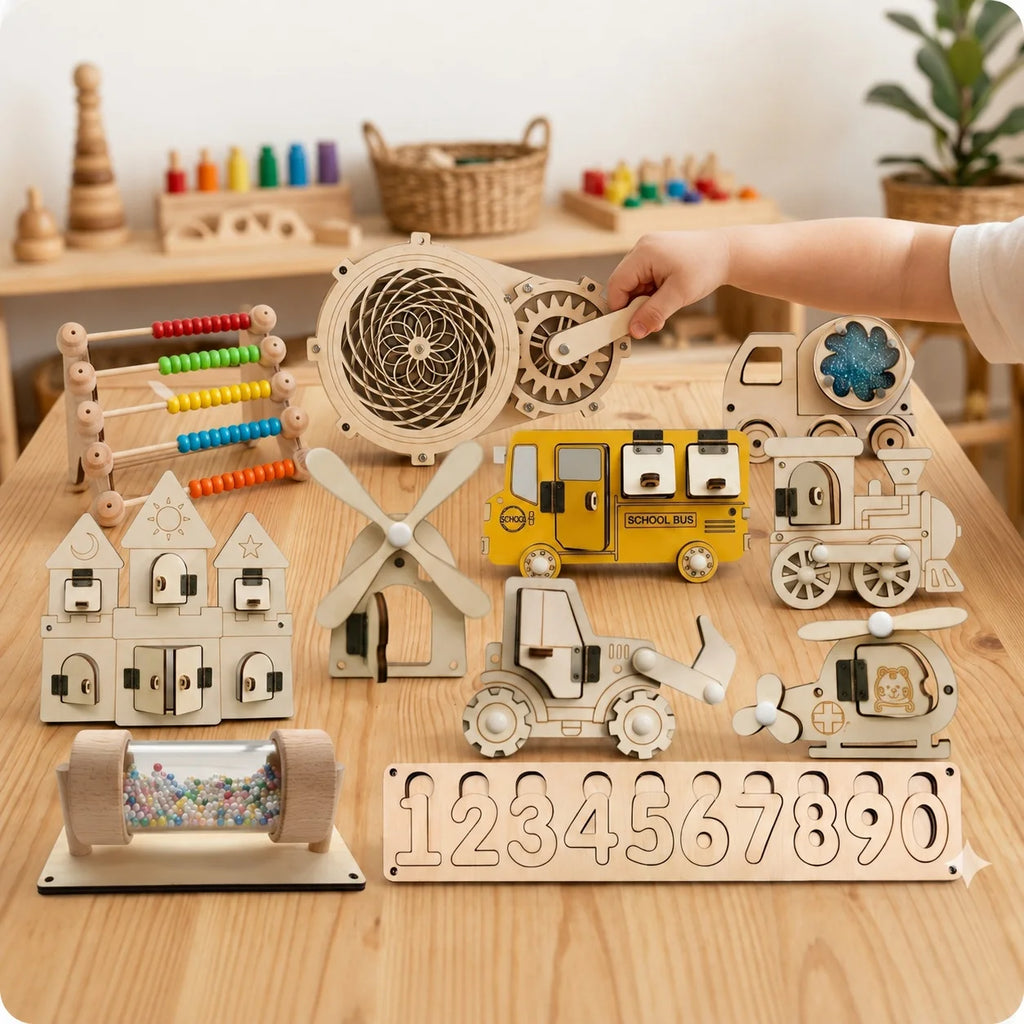 Montessori Busy Board Toddlers Wooden Sensory Activity  LED Switch Gears Maze Lacing  Fine Motor Skills Learning Set for Kids