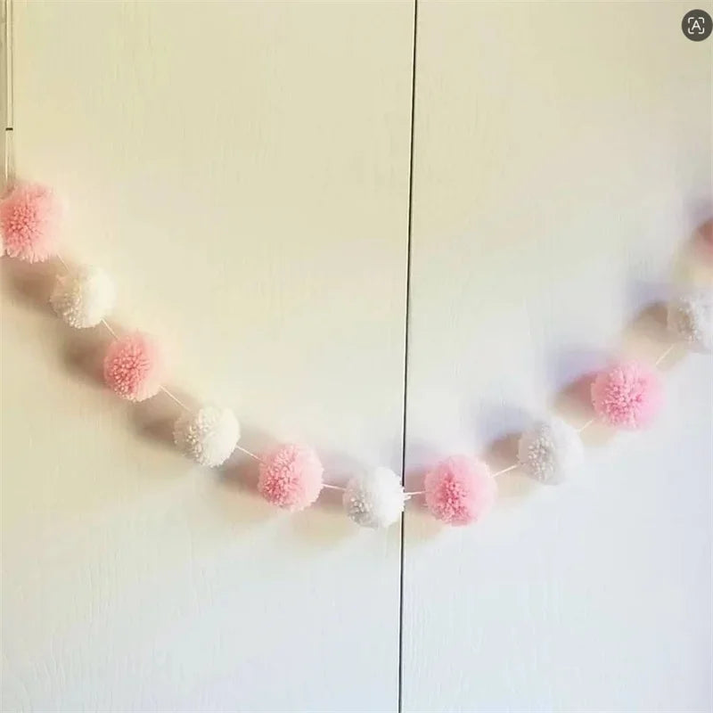 Farmhouse Yarn Ball Spring Wreath - White and Pink Felt Banner.