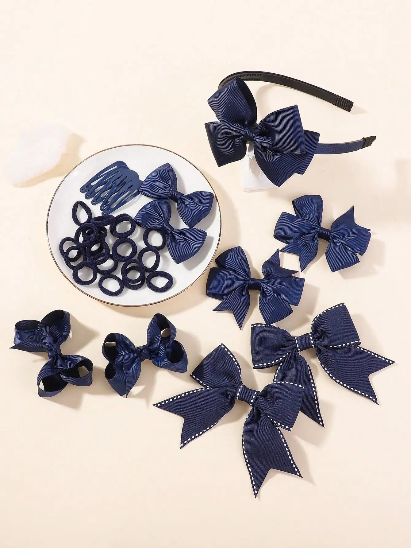 34Pcs Navy Blue Bow Hair Accessories Set for Girls Kids Hair Clips Headbands Elastic Hair Ties School Uniform Hair Styling Tools