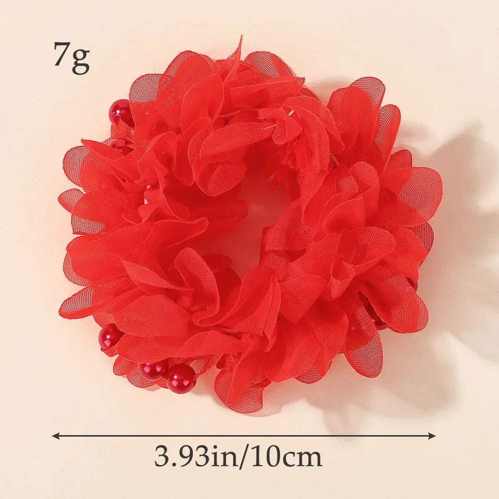 2Pcs Kids Hair Bands Set for Girls Elastic Rubber Bands Chiffon Flowers Beads Ponytail Holder Children's Hair Accessories Gift
