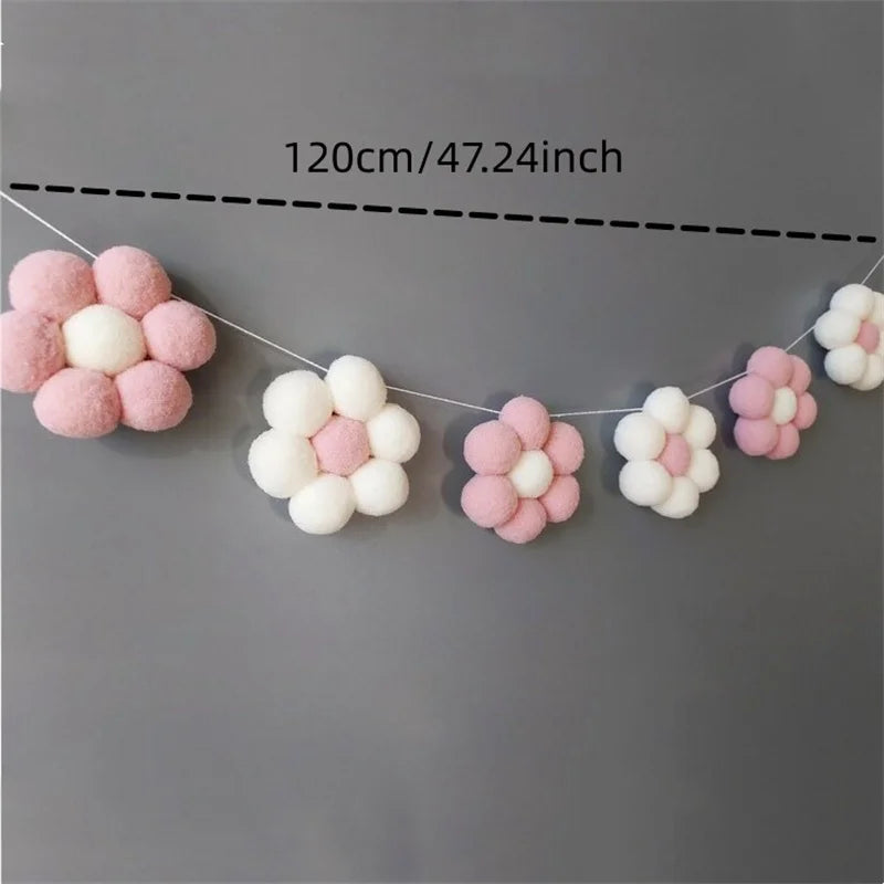 Nordic Style Handmade Pom-Pom Daisy Garland Decoration for Shelves, Wall Hanging Pom-Pom Pink Daisy Wreath, Holiday Christmas Wedding Thanksgiving Wall Decoration Garland, Tent Curtain Decoration Hanging Ornaments