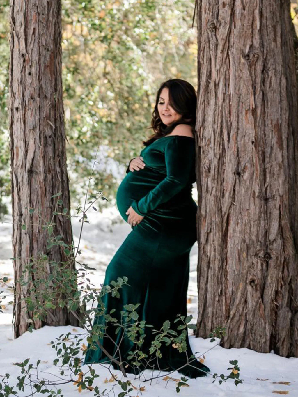 Velvet Maternity Off Shoulder Trailing Fitted Gown Maxi Photography Dress for Baby Shower Photo Props Dress