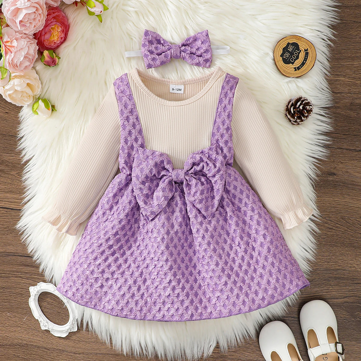Toddler Girl Dress And Headband Set 0-3Y Cotton Blend Long Sleeve Party Dress For Festive Occasions