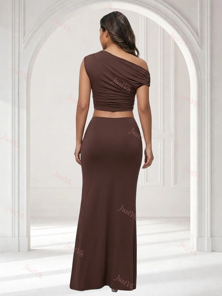 Summer 2 Piece Set Maternity Women's One Shoulder Sleeveless Photography Outfits Cutout Maxi Gown for Baby Shower Photoshoot