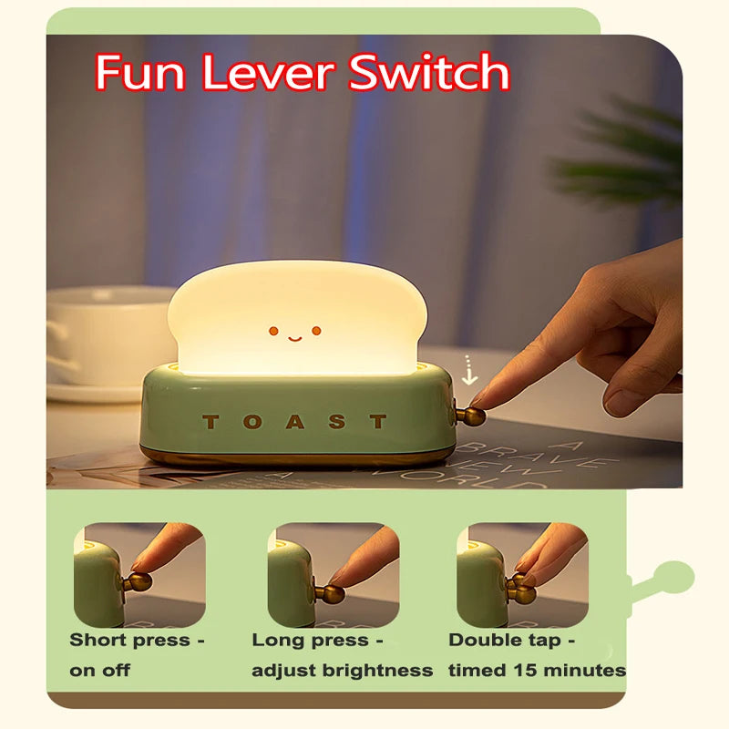 Rechargeable Cute Toaster Night Light - Toast Shape Bedside Lamp with Smile Face,Dimmable Desk Decor,Bedroom,Living Room,Gift