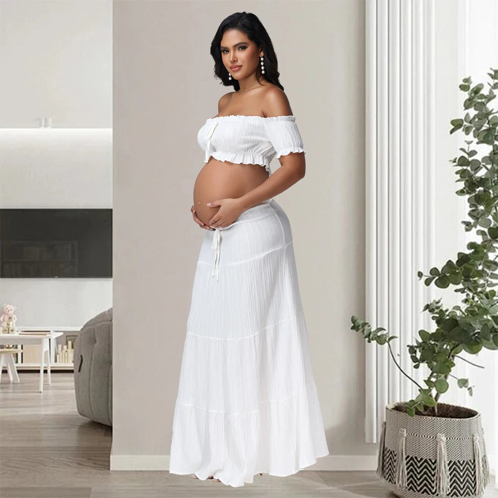 Maternity Photography Dress Sets 2Pc Sexy Ruffles Short Sleeves Tube Top T-shirt and Skirt Outfit for Photoshoot Baby Shower