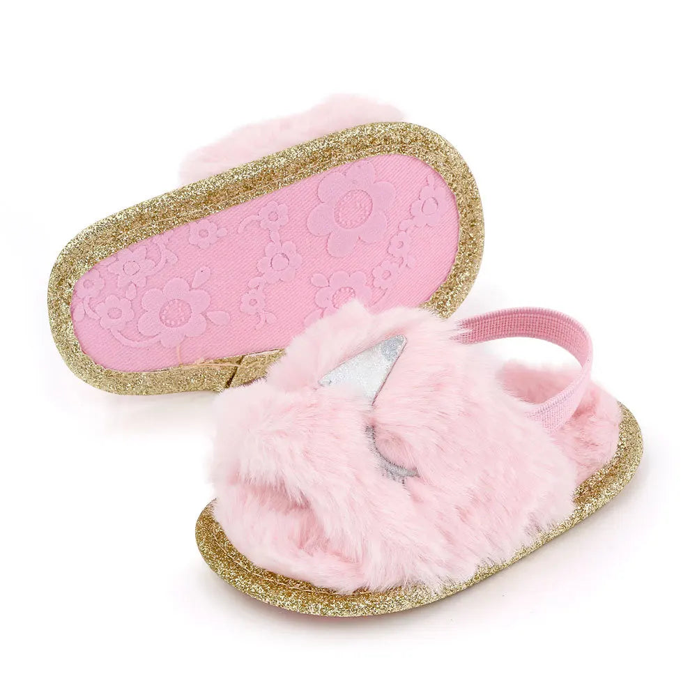 Spring Winter Fashion Multicolor Faux Fur Baby Girl Slipper Non-slip Newborn Cute Infant Toddler Crib Dress Shoes First Walkers