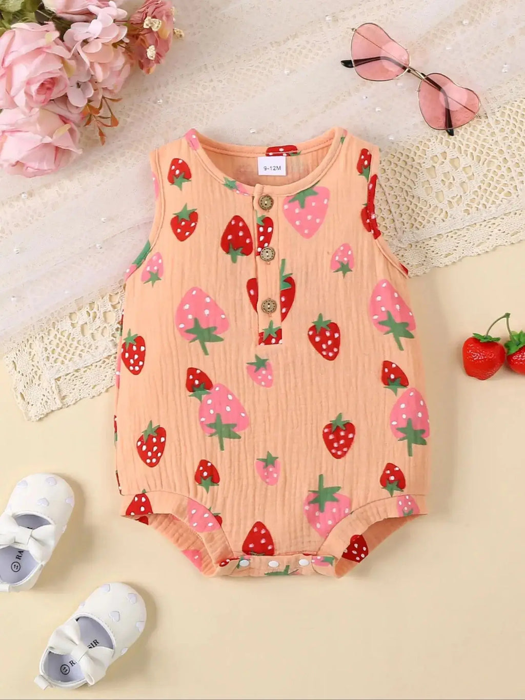 Summer Fashion Baby Girl Striped Triangle Jumpsuit Sleeveless Front Open Chest Full Print Strawberry Pattern Cute Baby Outfit