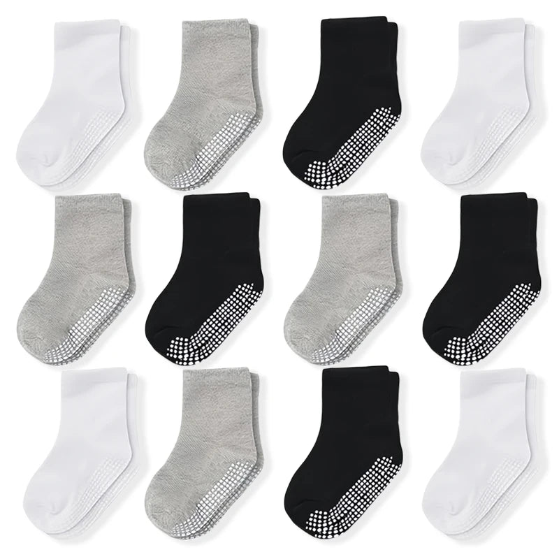 12 Pairs Baby Walking Socks Anti-Slip Dots Gym Floor Socks for Toddlers in Black White Grey Colors -  Socks for Kids to Walk