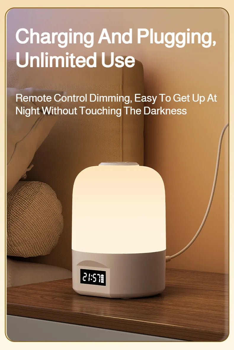 LED Bedside Lamp with Clock Display Touch Control Dimmable Night Light USB Rechargeable for Bedroom Baby Feeding