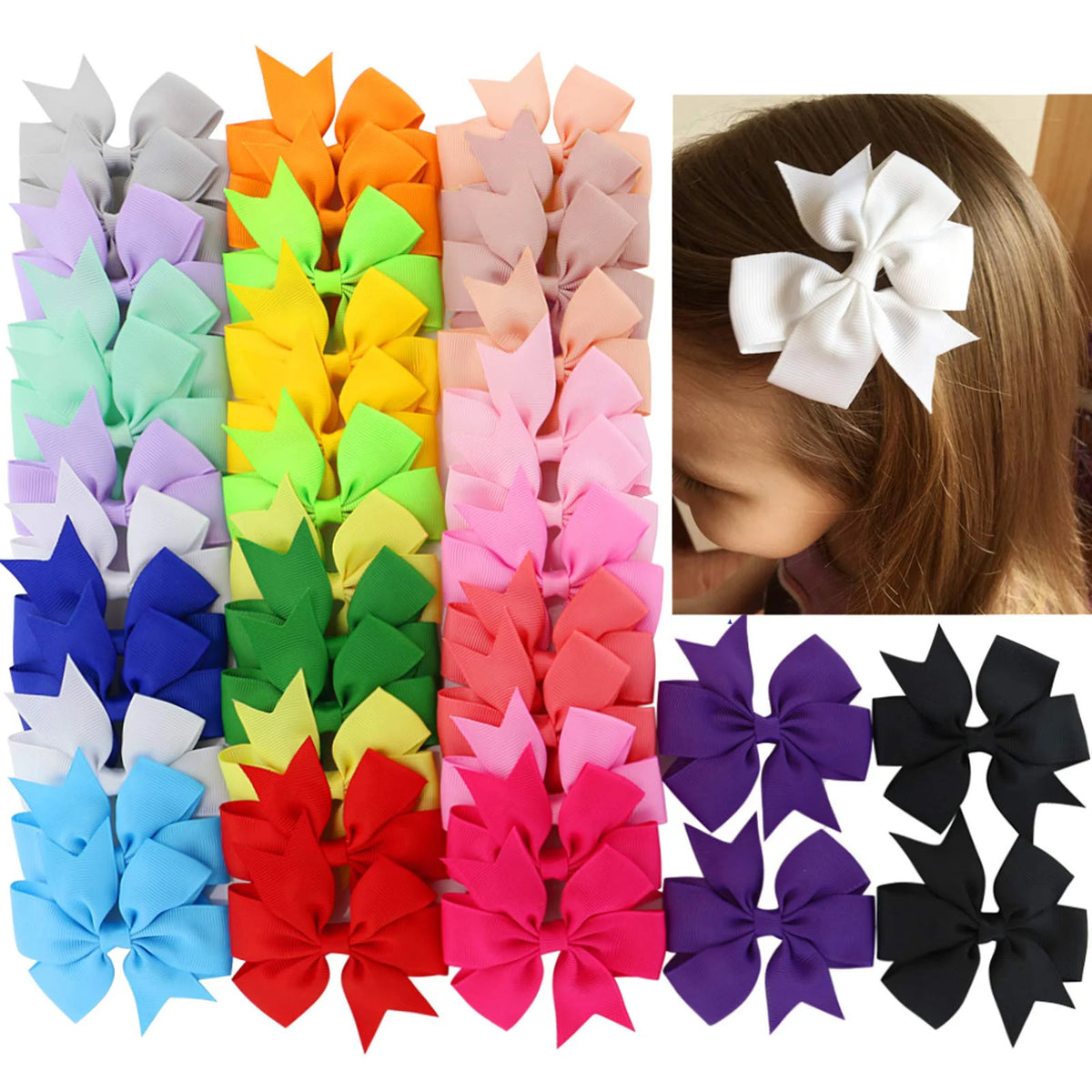 Madeway 24Pcs Solid Colors Hair Bows With Clips For Kids Grosgrain Ribbon Hairpins Headwear
