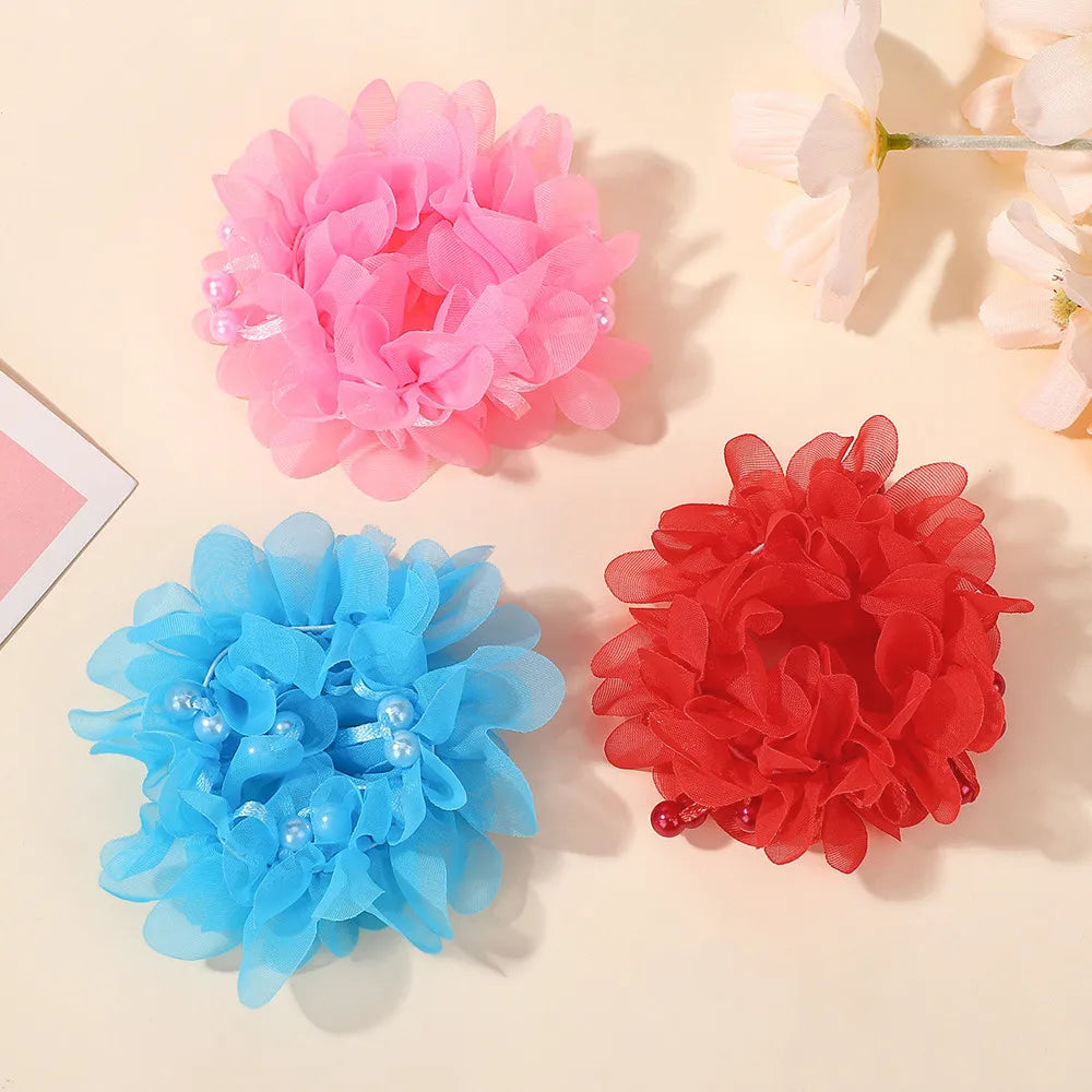 2Pcs Kids Hair Bands Set for Girls Elastic Rubber Bands Chiffon Flowers Beads Ponytail Holder Children's Hair Accessories Gift