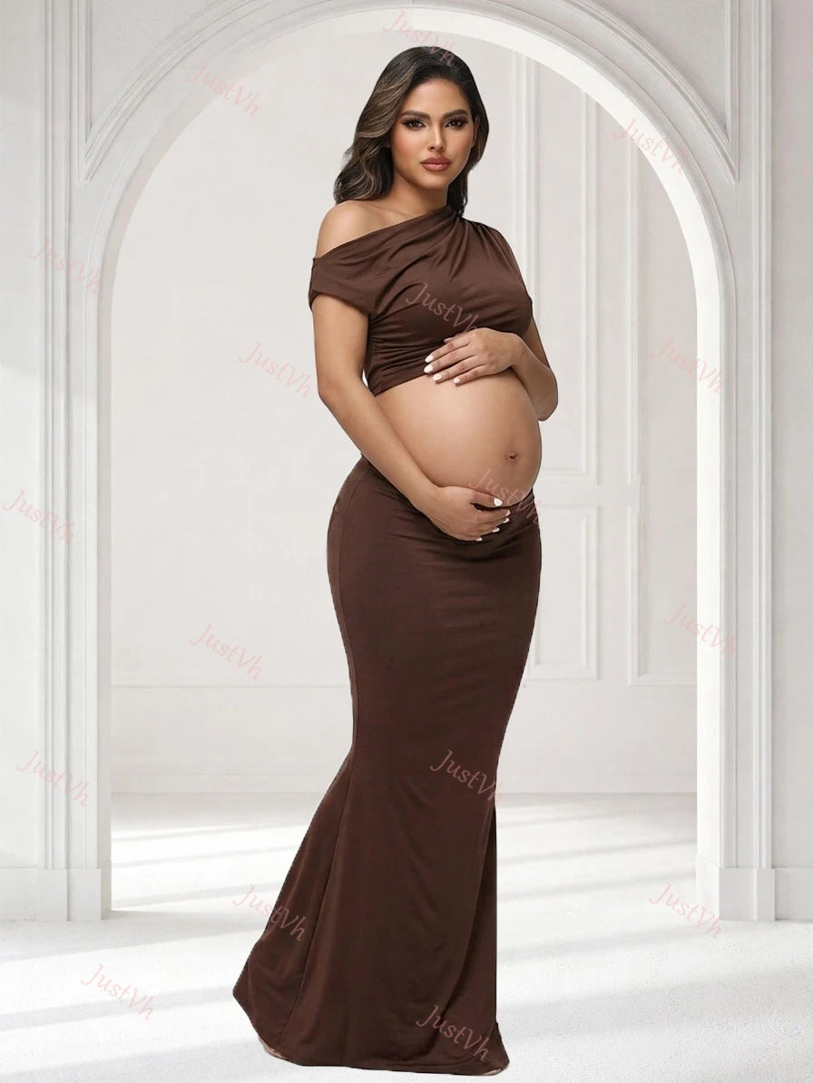 Summer 2 Piece Set Maternity Women's One Shoulder Sleeveless Photography Outfits Cutout Maxi Gown for Baby Shower Photoshoot