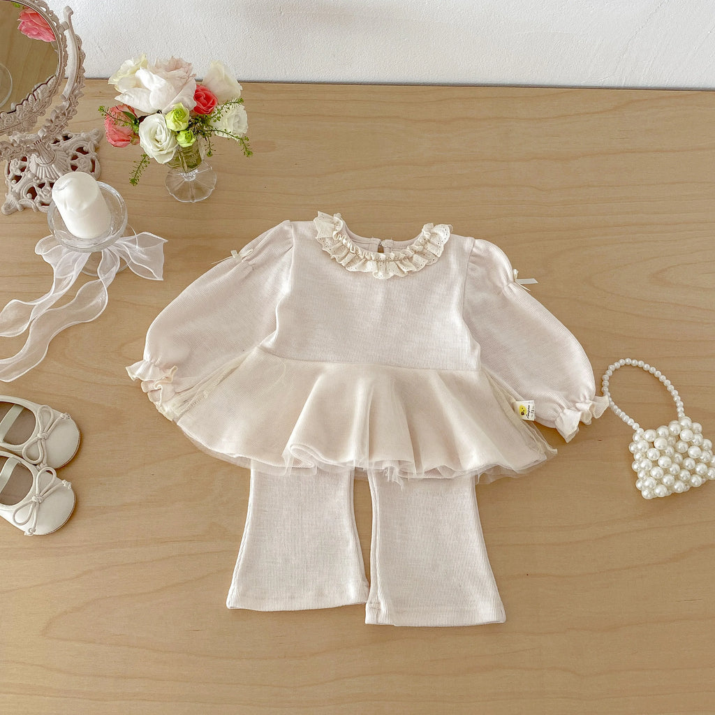 Girls' Fashion Set 2026 Korean Style Spring-Autumn Net Scarfed Bowknot baby Shirt with Flared Pants - Girls' Two-Piece Set