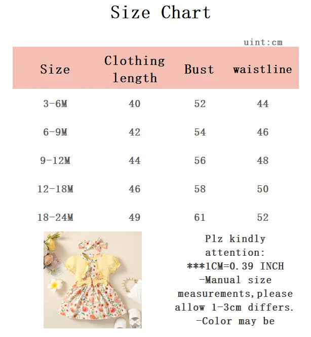 Baby girl Summer Dress Bubble Sleeves and Floral Fashion Dress+Headband 2Pcs/Set for Baby girl 0-24 Months Daily Dressing