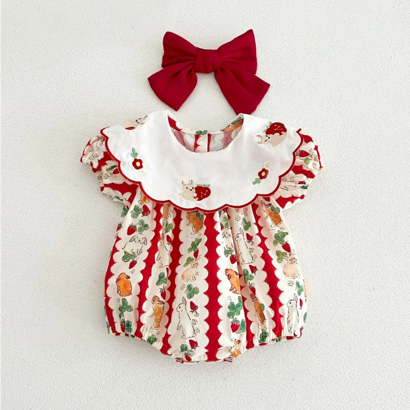 insBaby Girl Rabbit Cartoon Print Embroidered Collar Romper Infant Toddler Sweet Summer Short Sleeve Jumpsuit