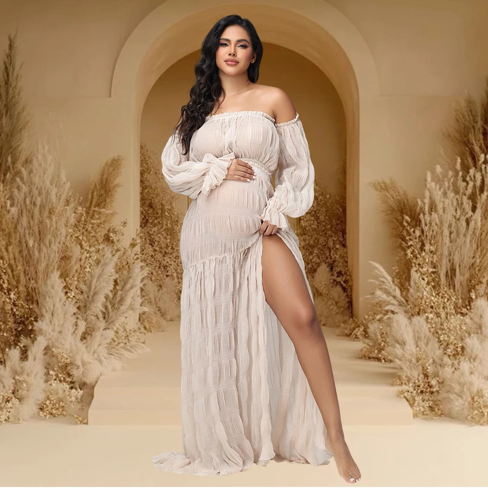 Bohemian Maternity Chiffon 2 Piece Photoshoot Dress Baby Shower Maxi Dresses Off Shoulder Lantern Sleeve Ruched Slit Outfit