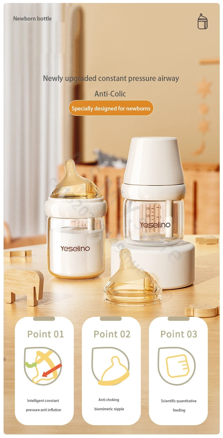 Yeselino 6th Gen anti-colic glass baby bottle for 0-6 months.