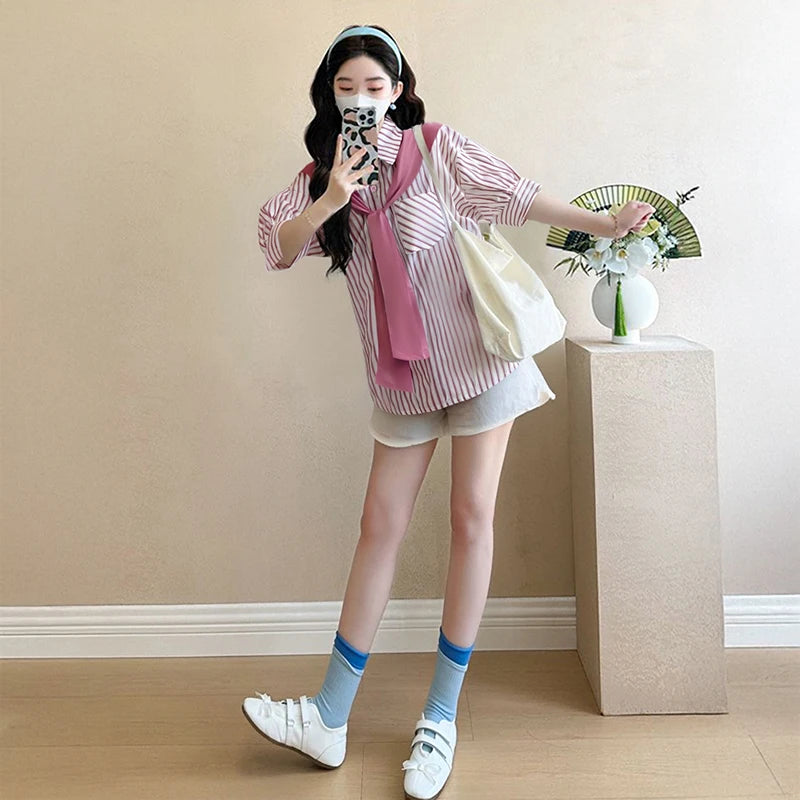 2025 Summer Maternity Pink Shirts Puff Sleeve O-neck Bowknot Hollow Out Backside Pregnant Woman Blouses Sweet Pregnancy Top Tees