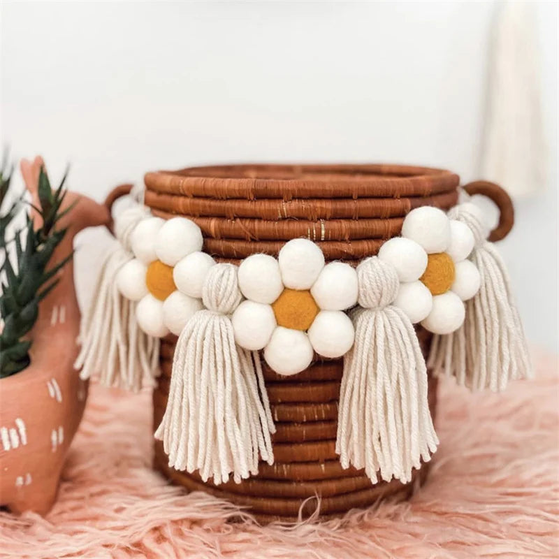 Nordic Nepal Pure Handmade Wool Ball Daisy Flower Tassel String Decoration for Home Room Wall Decoration, Garland Storage Blue Decorative Wreath