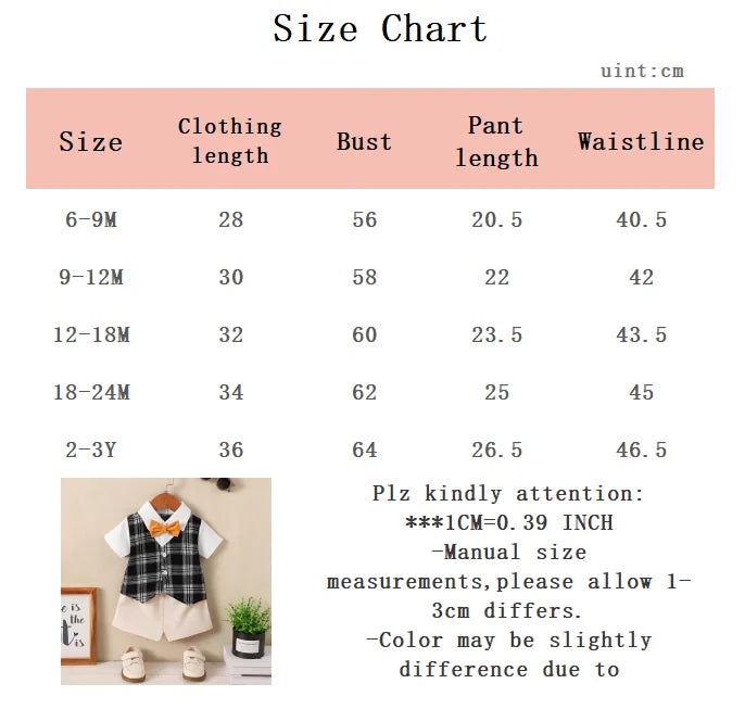 Baby boy Set Lapel collar Plaid Top+Shorts 2-piece set suitable for 0-3 Year old Baby boys, Summer Party Little Gentleman Set