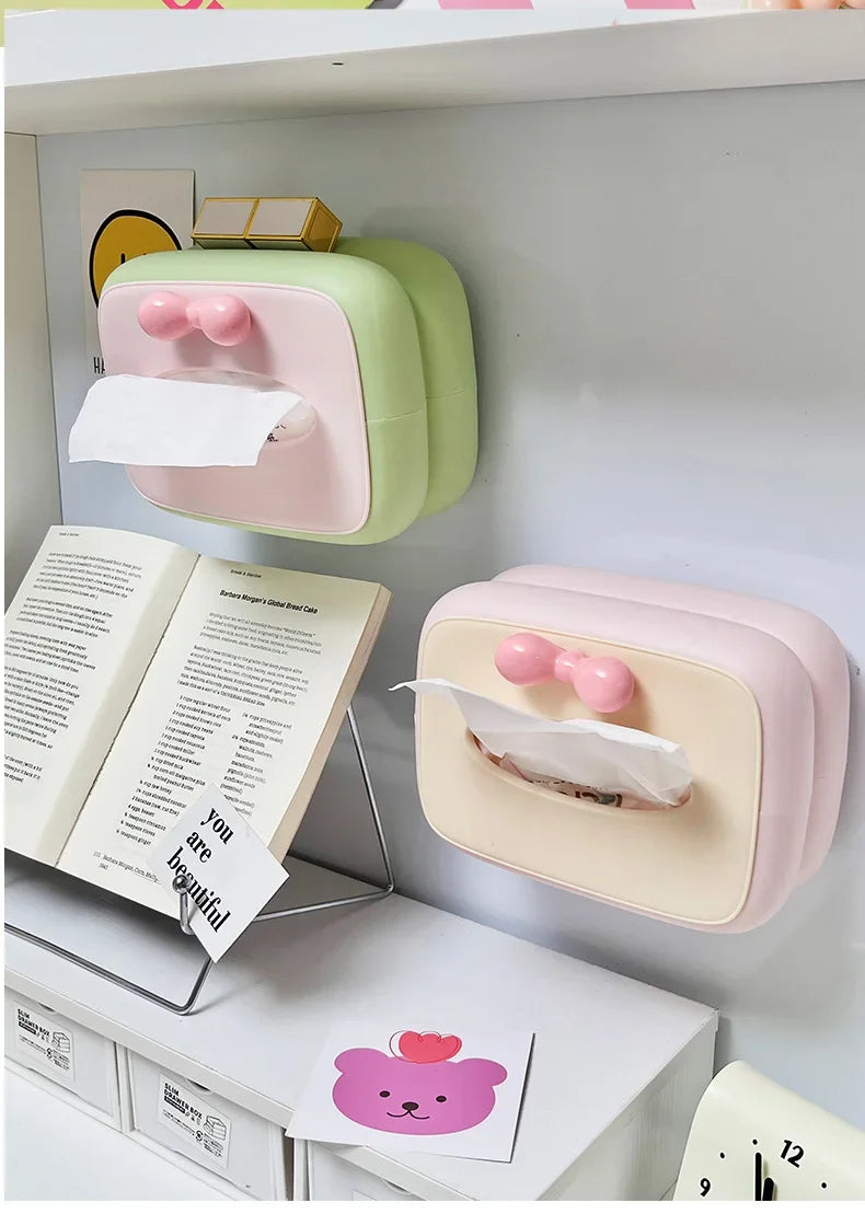 Cute spring-loaded tissue box with large storage drawer, ideal for desks and tables.
