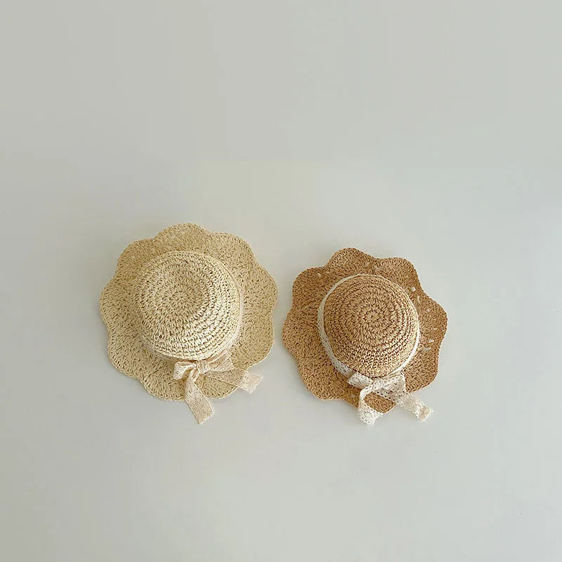 Lace Bow Girl Straw Hat Baby Summer Sun Hats Travel Beach Kids Large Brim Fisherman Cap 2-5Year Children Sunscreen Bucket Caps