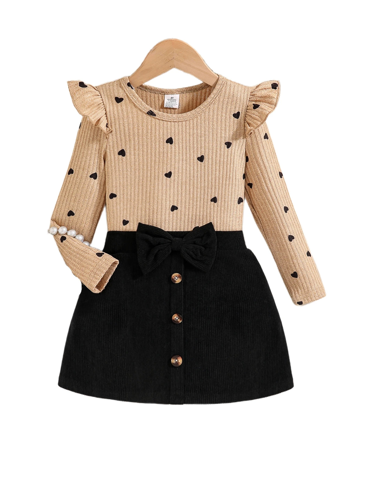 2-Piece Set for Girls in Spring and Autumn: Fashionable and Elegant Dress Set for Young Girls, Featuring a Round Neck, Ribbed Lace, Flutter Sleeves, Heart and Polka Dot Print Long-Sleeve Top + Black Skirt with Bow and Button
