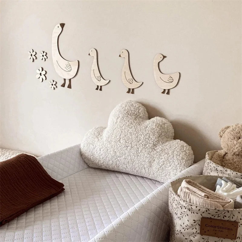 Bohemian Cute Wooden Goose Nursery Wall Decoration, Home Decor for Living Room and Room Walls, Wall Art with Wooden Goose and Flower Wall Stickers, Animal Lover Wall Decoration, Holiday Wall Decoration with Wooden Goose