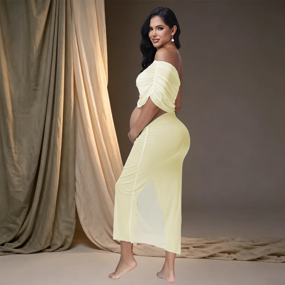 Maternity Sexy Off Shoulder Photography Outfit Cut Out Belly See Through Mid Dress for Photoshoot