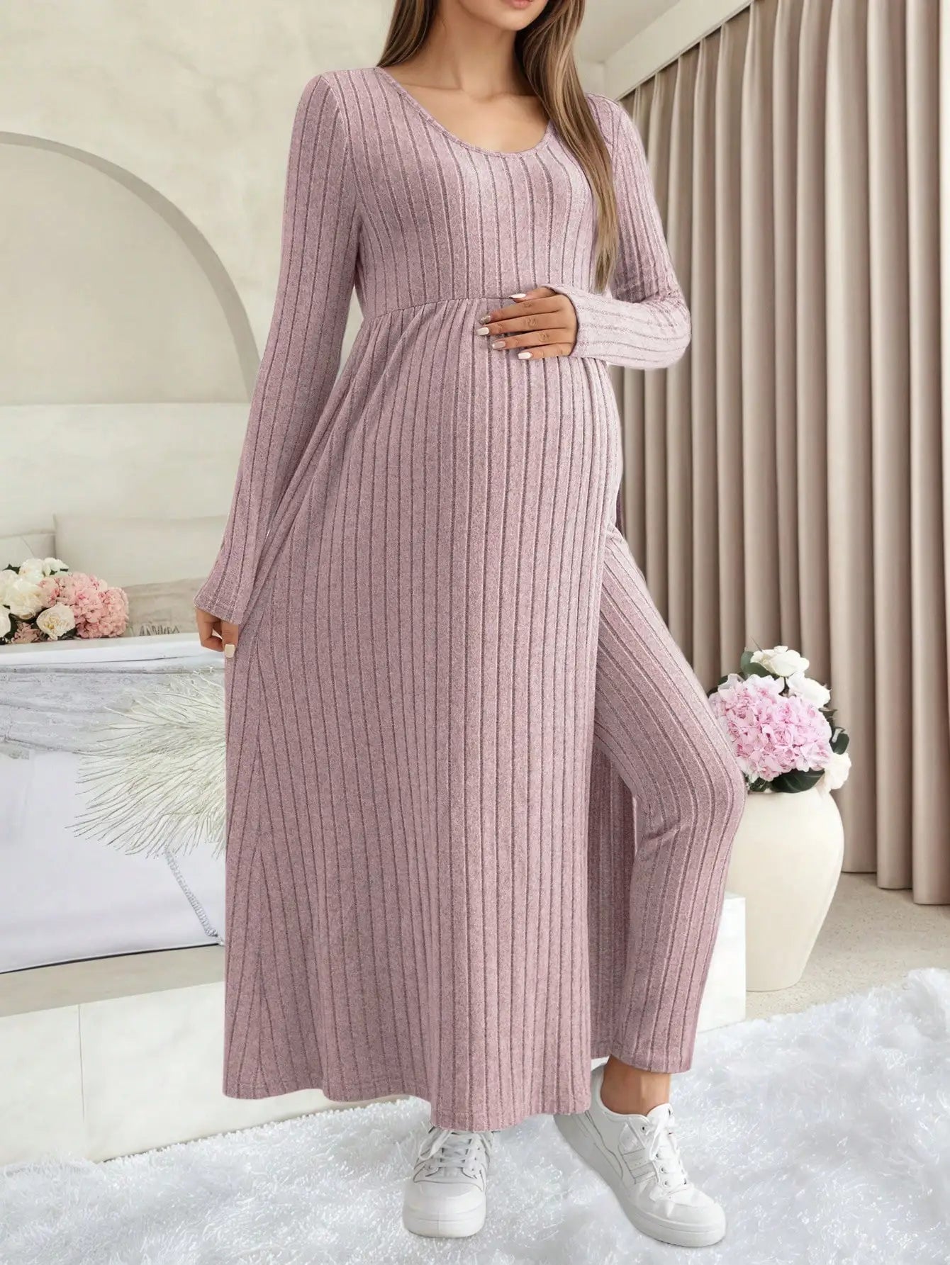 Maternity Women's Two Piece Sets and Outfits Long Sleeve Soft Ribbed Longline Casual Home Lounge Pants Set