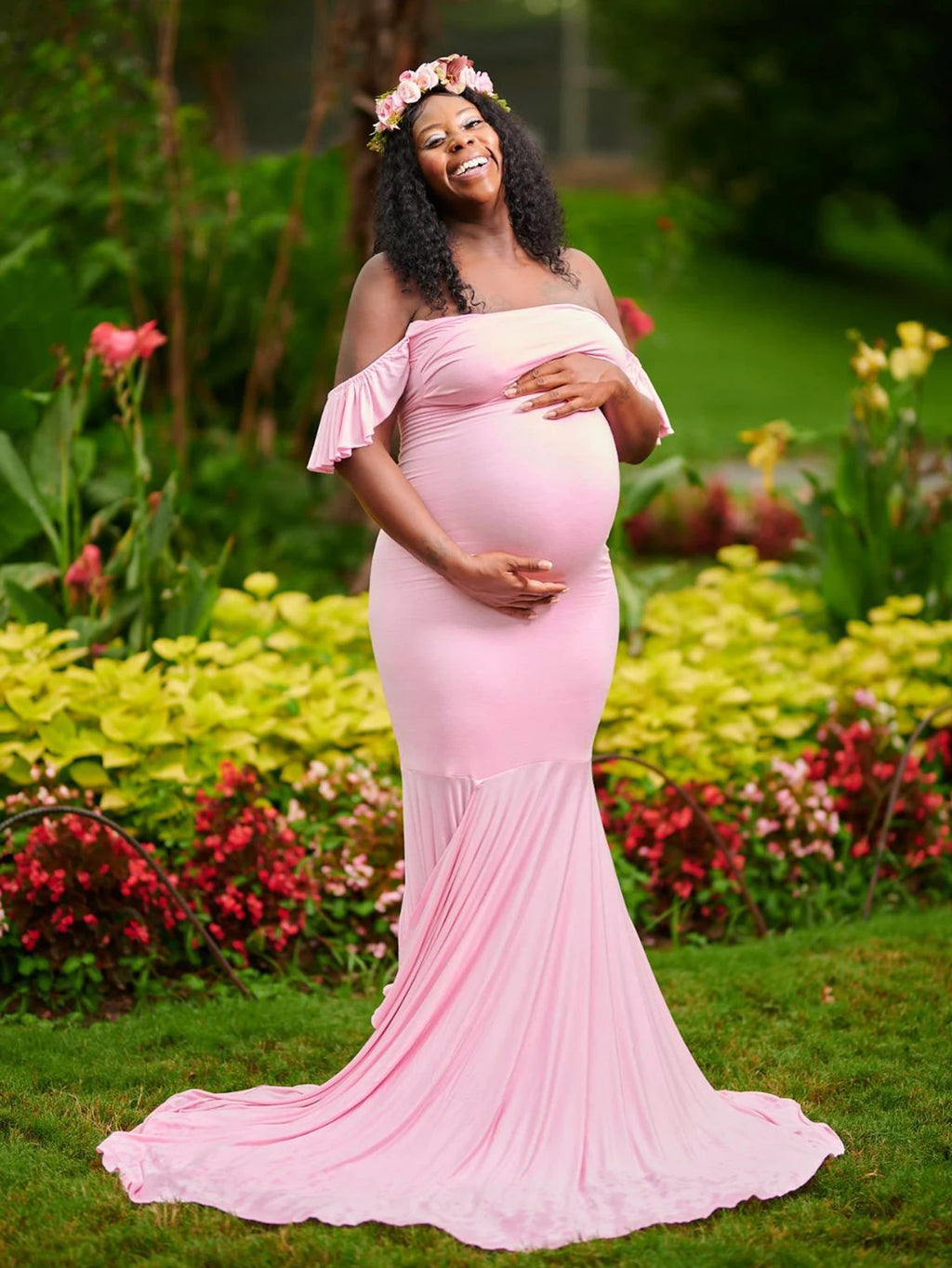 Maternity Summer Ruffle Sleeve V-Neck Mermaid Dress Pregnancy Gown Wedding Bridesmaid Dresses Robe for Photoshoot Baby Shower