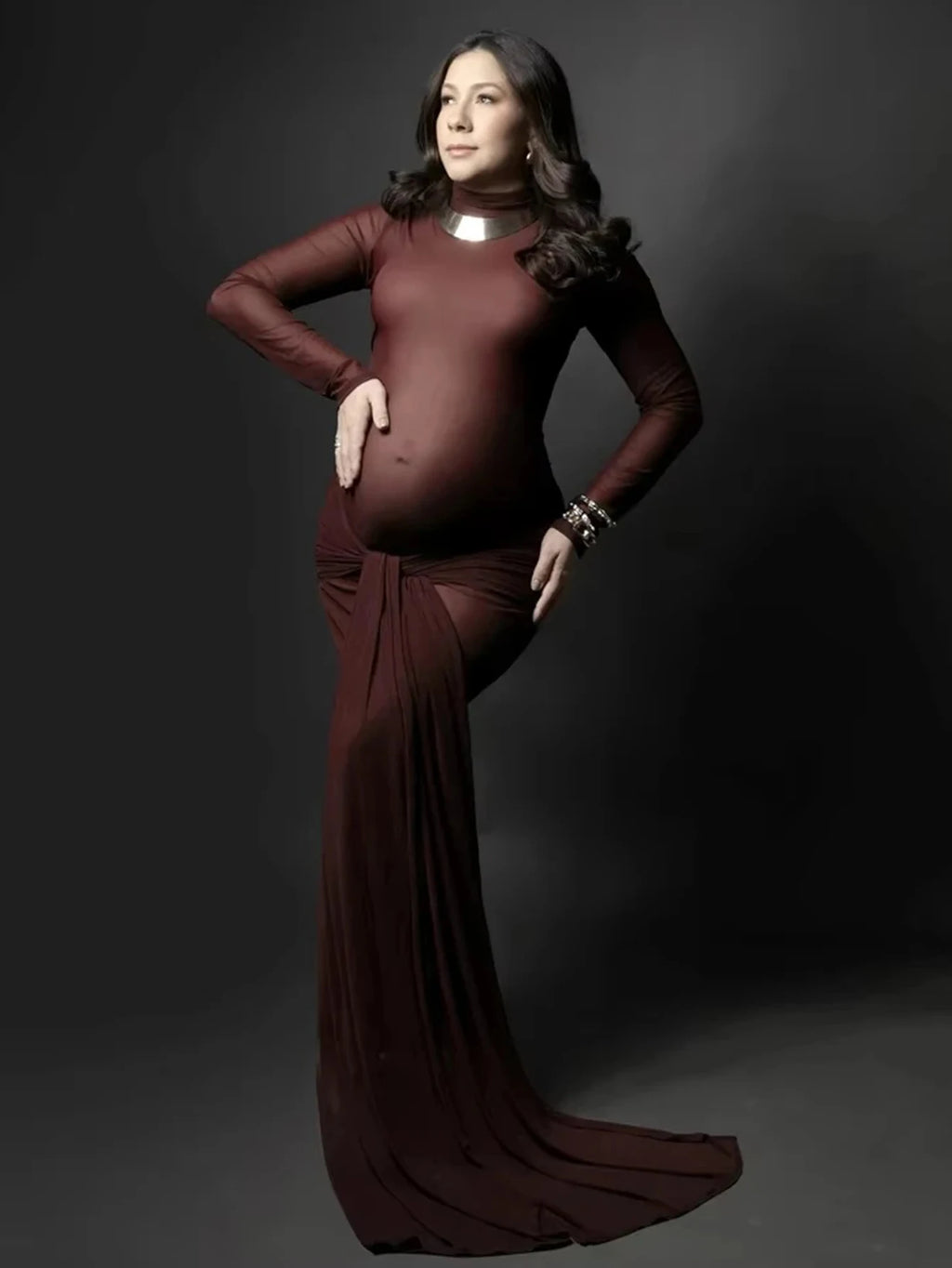 Maternity Long Sleeve Turtle Neck Maxi Photography Dress Solid Rouched Tie Gown for Photoshoot Baby Shower Party