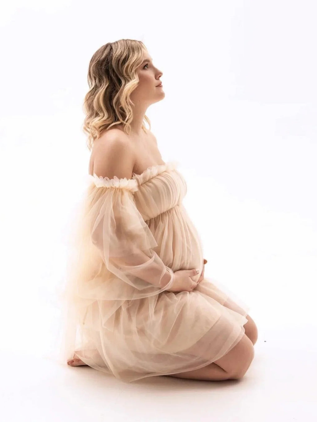 Maternity Mesh Photography Gown Long Sleeves Off-shoulder Elegant Summer Short Dress for Baby Shower Photoshoot