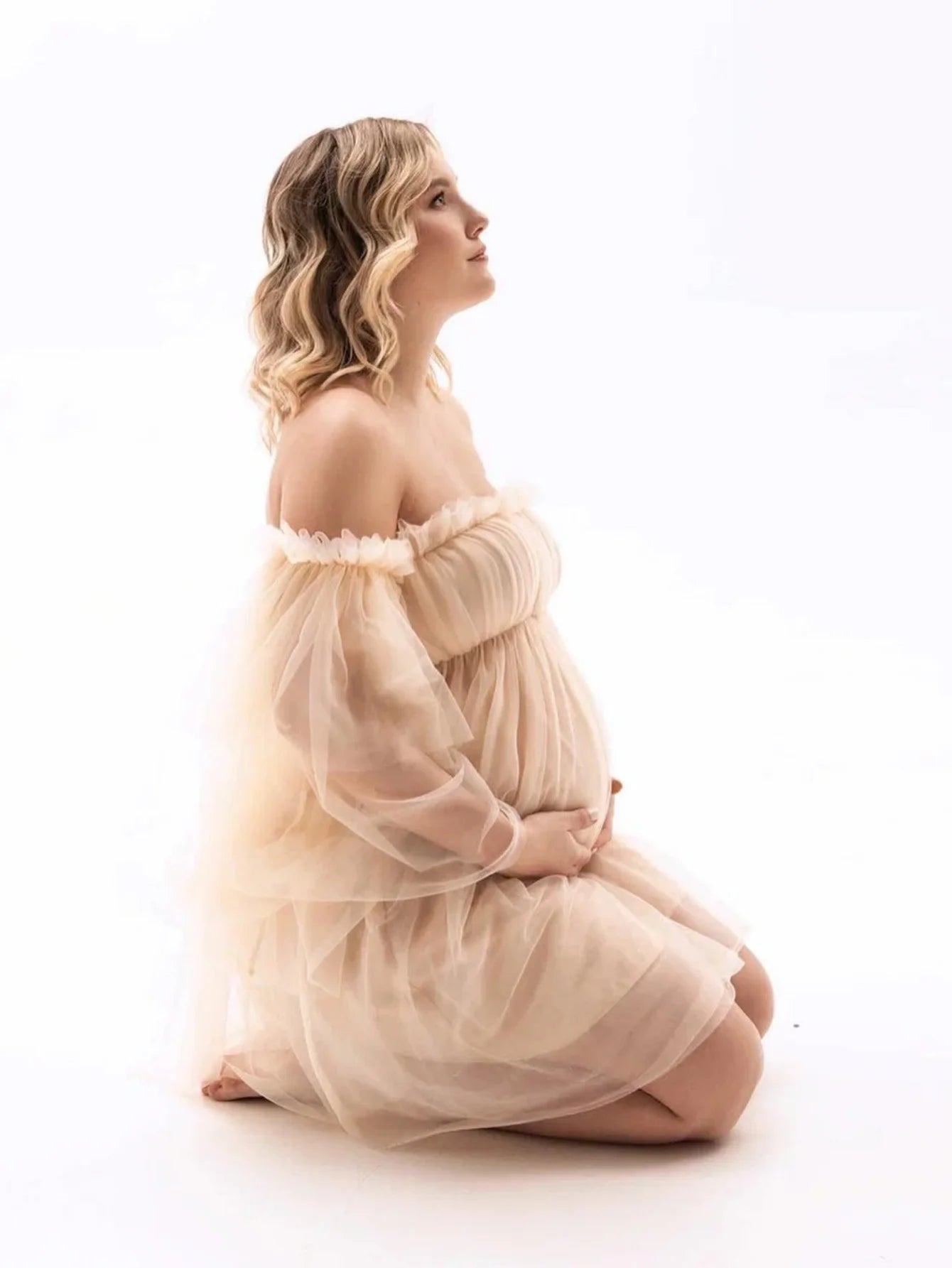 Maternity Mesh Photography Gown Long Sleeves Off-shoulder Elegant Summer Short Dress for Baby Shower Photoshoot